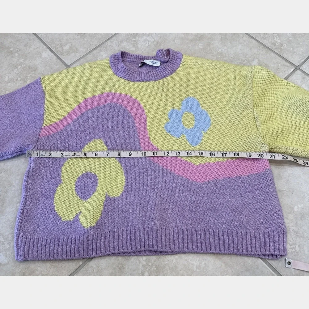 Zara Knit Floral Wavy Colorblock Cropped Sweater Pastel Yellow‎ Lilac Sz M